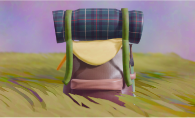 Plan entier d'un sac à dos en 3D posé dans sur de l'herbe.