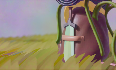 Plan de dérrière en 3/4 d'un sac mis en focus de l'épée à dos en 3D posé dans sur de l'herbe.