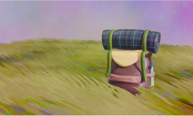 Plan general d'un sac à dos en 3D posé dans sur de l'herbe.