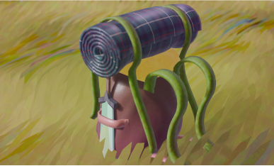 Plan de dérrière en 3/4 d'un sac à dos en 3D posé dans sur de l'herbe.