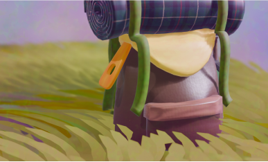 Plan de côtés du sac à dos en 3D posé dans sur de l'herbe.