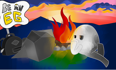Thumbnail pour le jeu Be An Egg Climbing A Mountain montrant un œuf et un rocher allongés près d’un feu de camp la nuit.